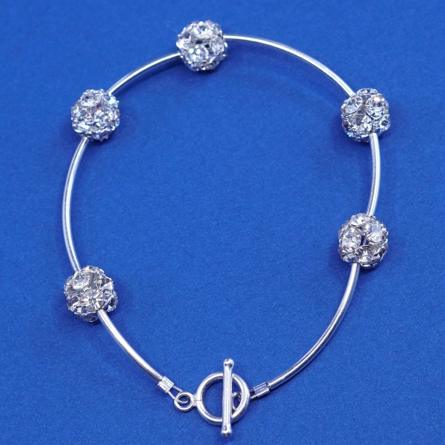 6.5”, Sterling silver handmade bracelet, 925 bar with cluster Cz beads