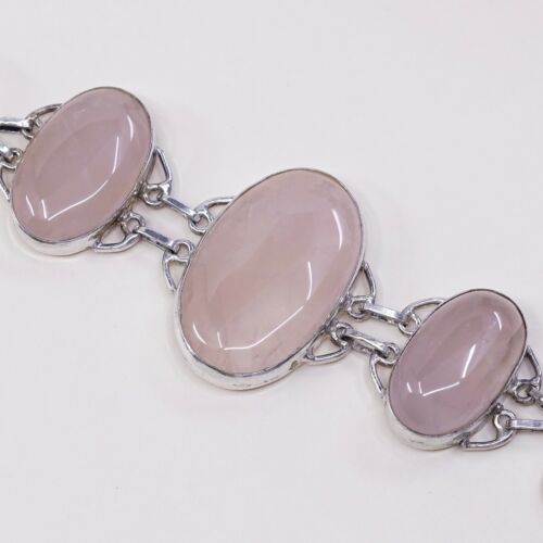 7+0.5”, Vtg Sterling Silver Handmade Bracelet W/ Huge Pink Quartz N Toggle Closu