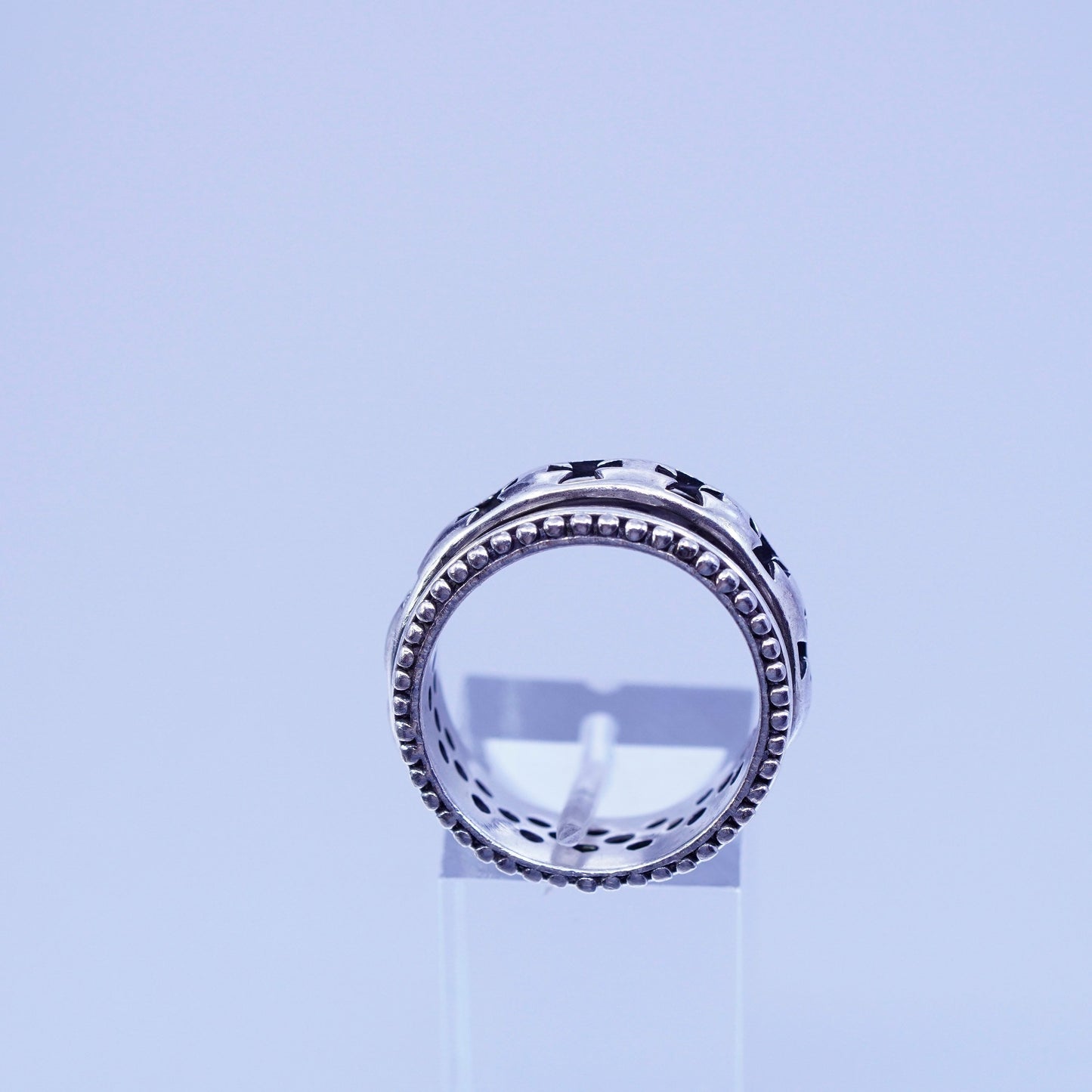 Size 9, vtg southwestern Sterling 925 silver handmade ring, cross spinner band