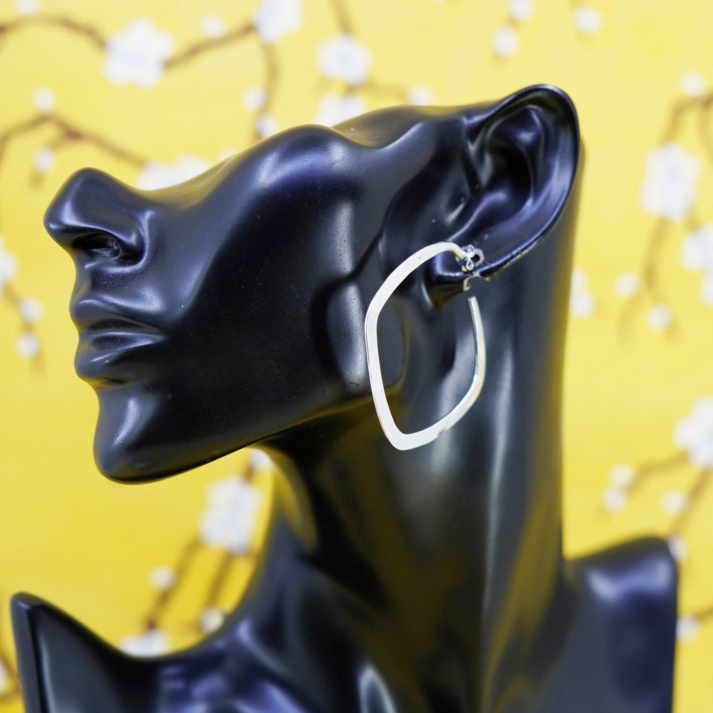 1.5”, 925 sterling silver earrings, hammered square hoops 14K yellow gold posts