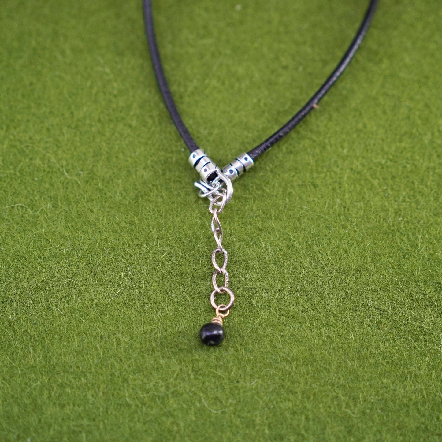 16+2”, vintage Sterling 925 Silver Clasp W/ black Leather chain Necklace