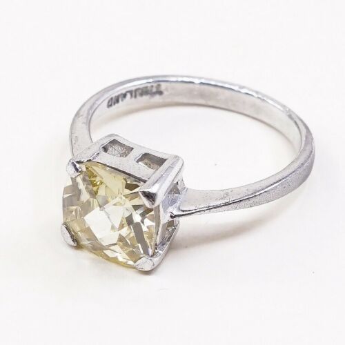 Sz 8.25, Vtg Sterling Silver handmade Ring, 925 Silver W/ Cushion Cut citrine