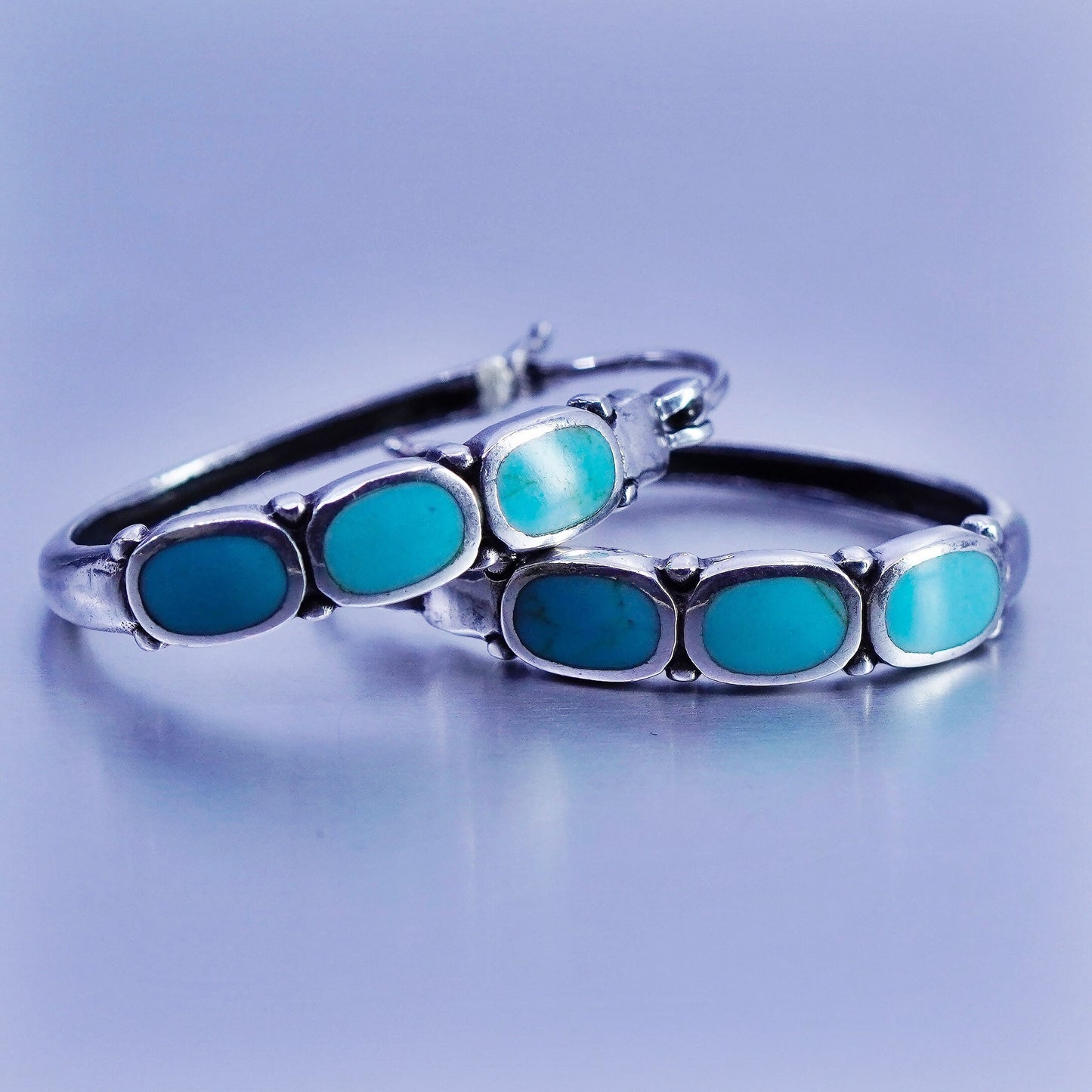 1”, vintage Sterling silver handmade earrings, 925 huggie hoops with turquoise