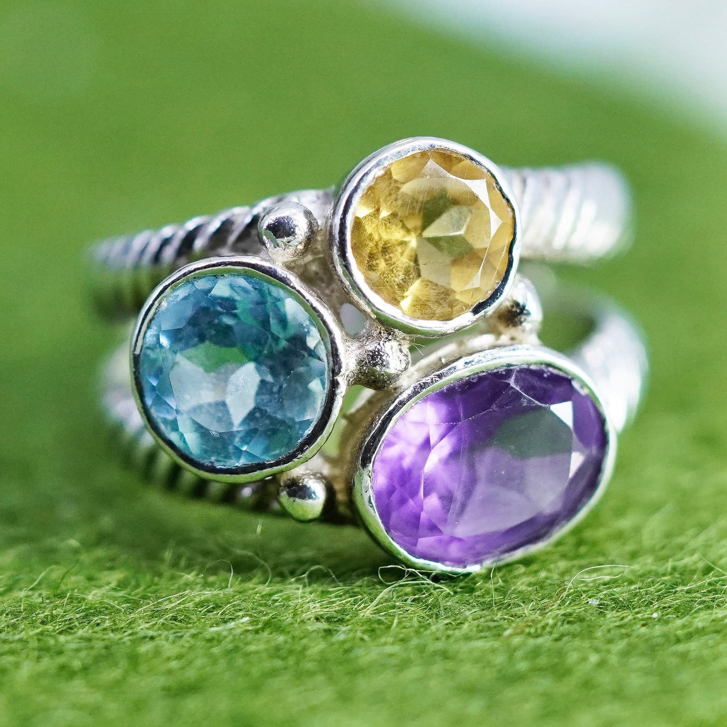Size 6, vintage sterling 926 silver handmade ring with topaz citrine amethyst
