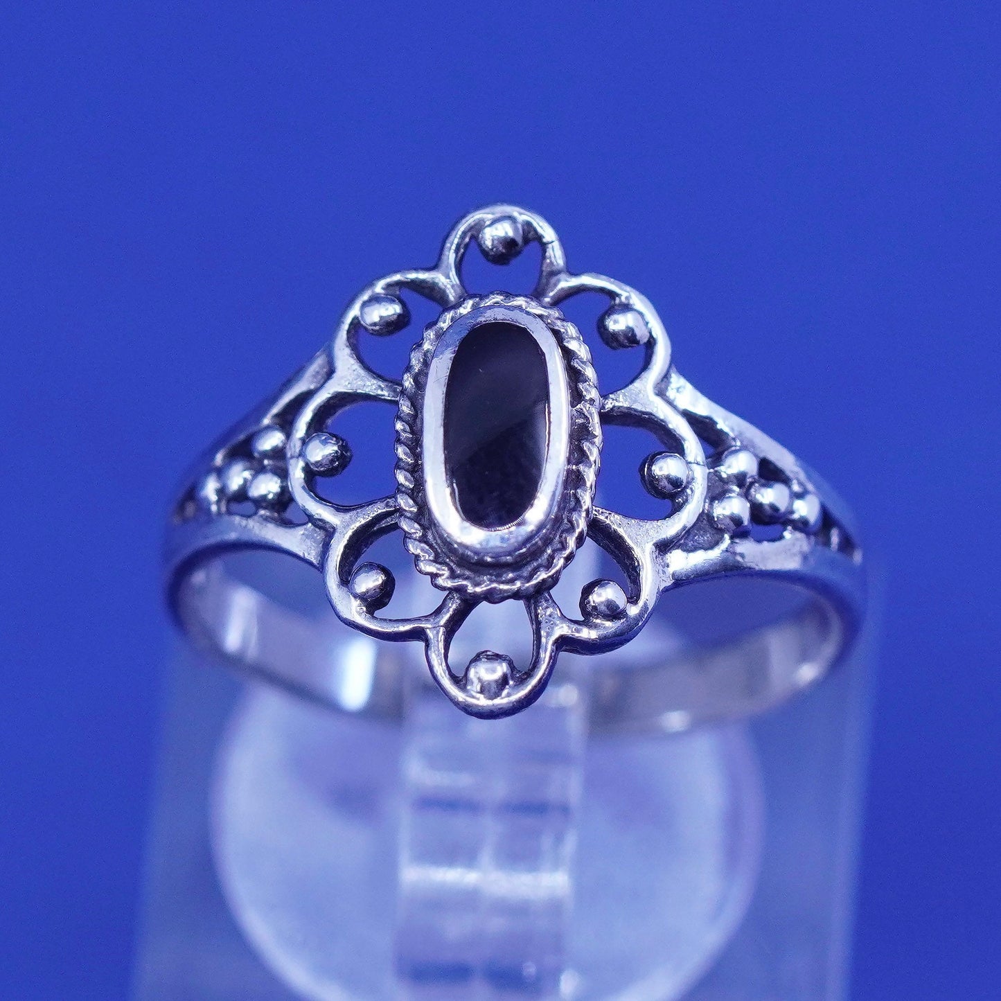 Size 7.5, vintage Sterling 925 silver handmade ring with obsidian and beads