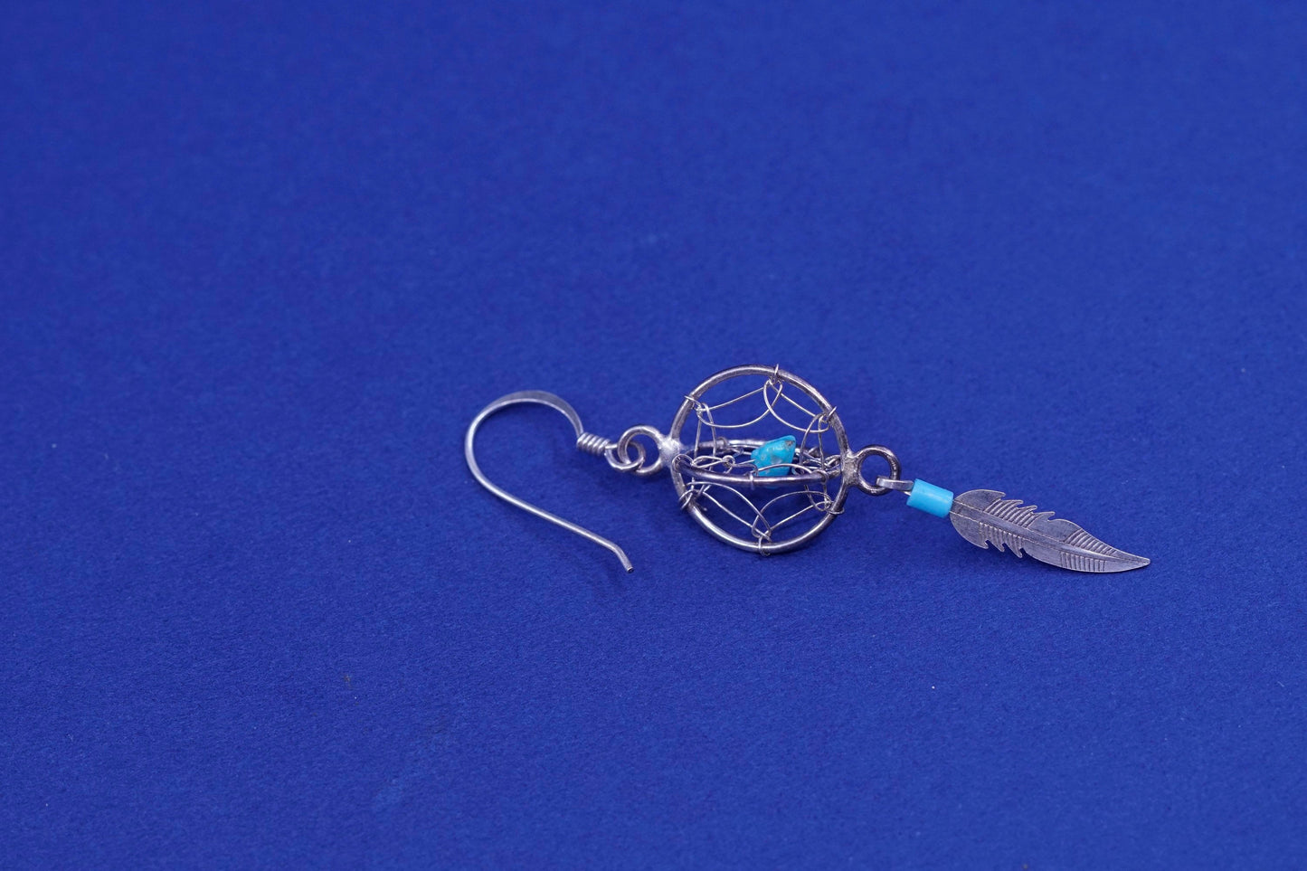 sterling silver earrings, 925 netted circle with turquoise and feather dangles