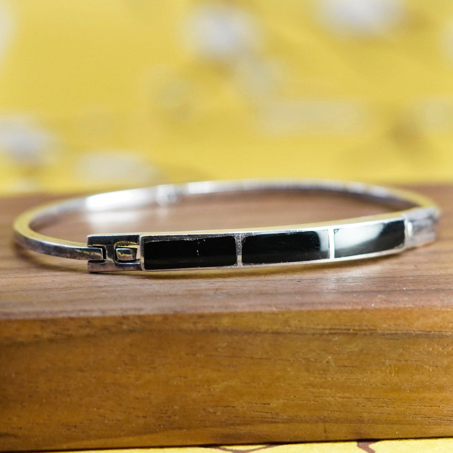 6.25”, Sterling silver handmade bracelet, Mexico 925 hinged bangle with onyx