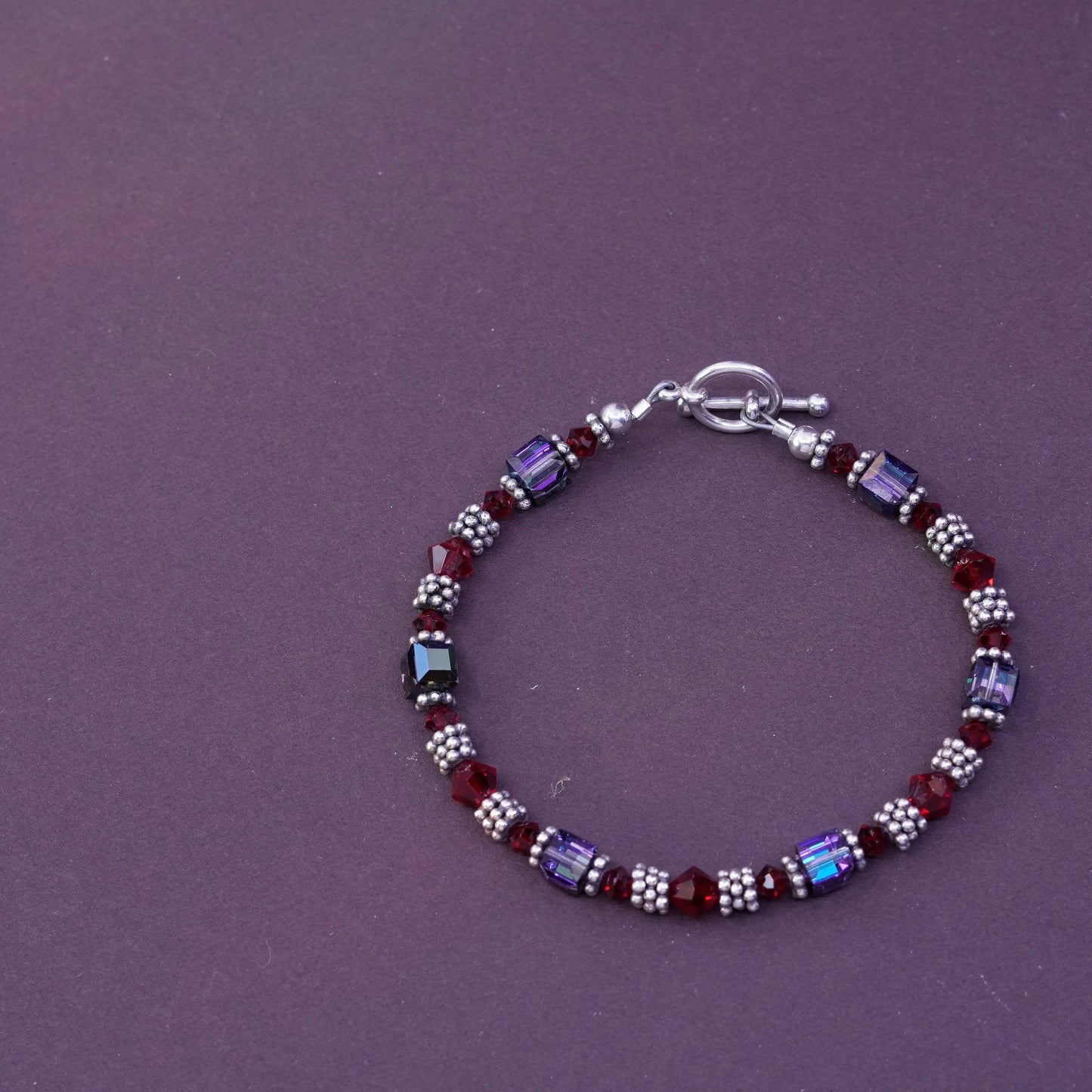 7”, Sterling silver handmade bracelet, 925 beads w/ red crystal toggle closure