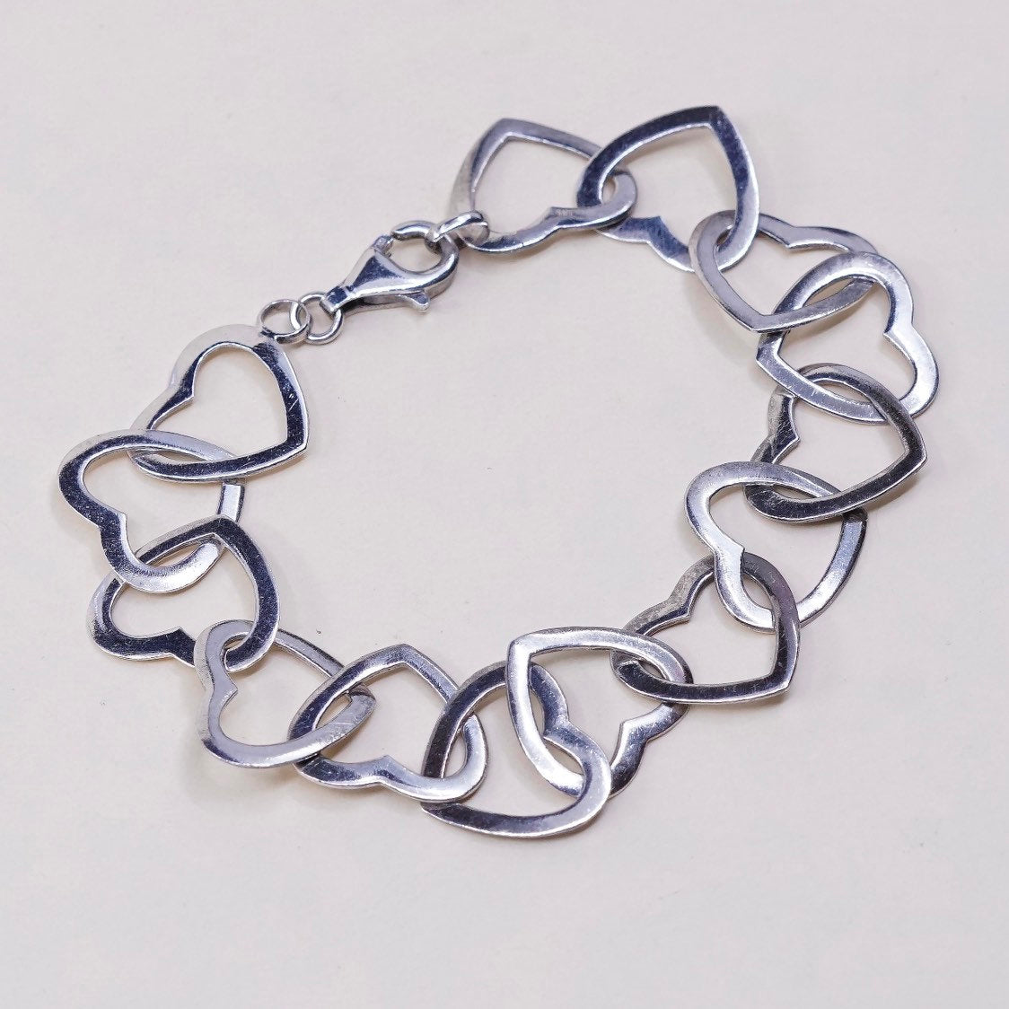 6.5”, VTG sterling silver handmade heart bracelet, 925 chain