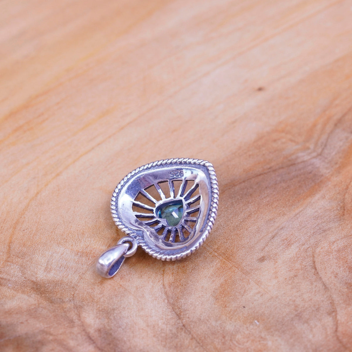 Sterling 925 silver handmade filigree heart pendant w/ blue topaz and Marcasite