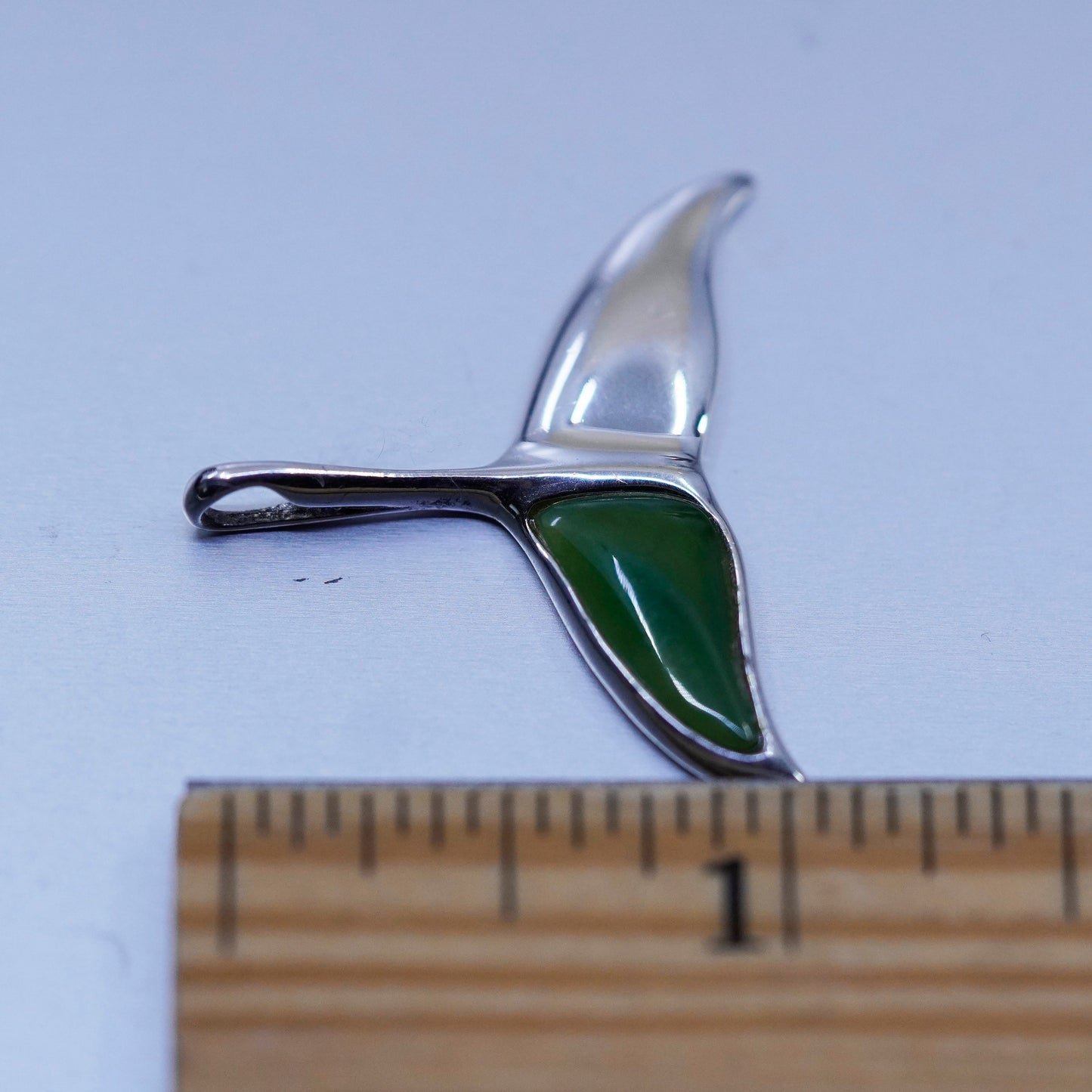 Vintage sterling 925 silver handmade whale tail pendant with jade