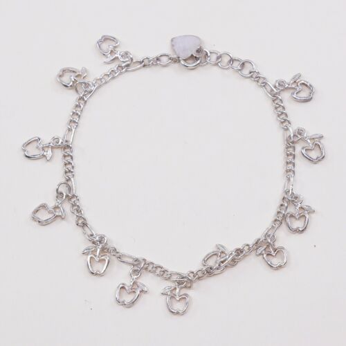 7.75”, 2mm, Vtg Sterling Silver Bracelet 925 Figaro Chain W/ Apple Heart Charm