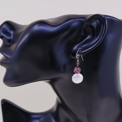 Vintage Southwestern handmade Sterling Silver Pearl Earrings w/ Orange Beads