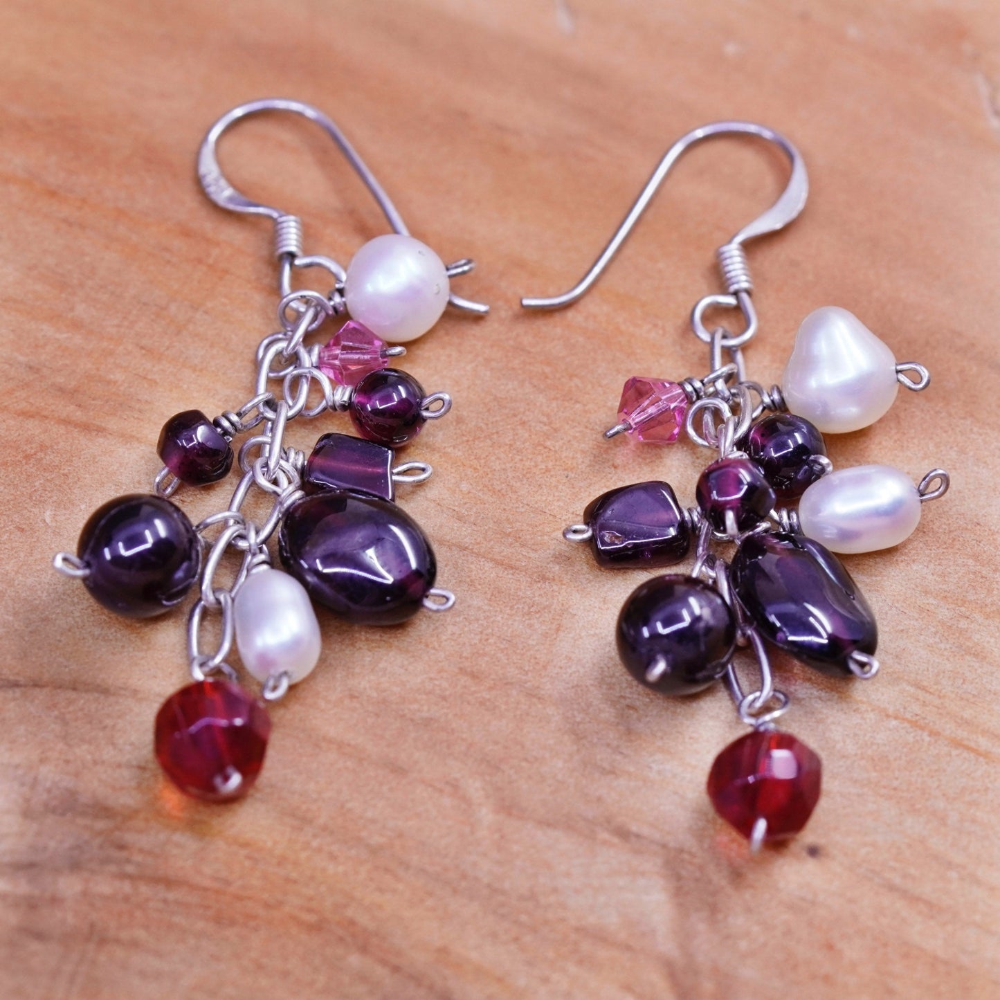 Vintage Sterling 925 silver Handmade earrings cluster pearl garnet ruby beads