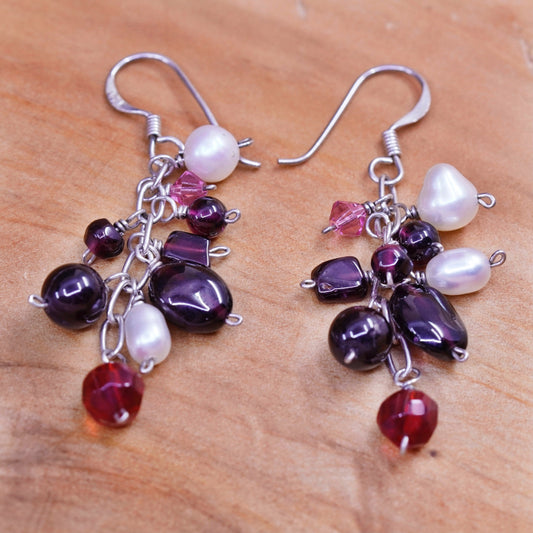Vintage Sterling 925 silver Handmade earrings cluster pearl garnet ruby beads