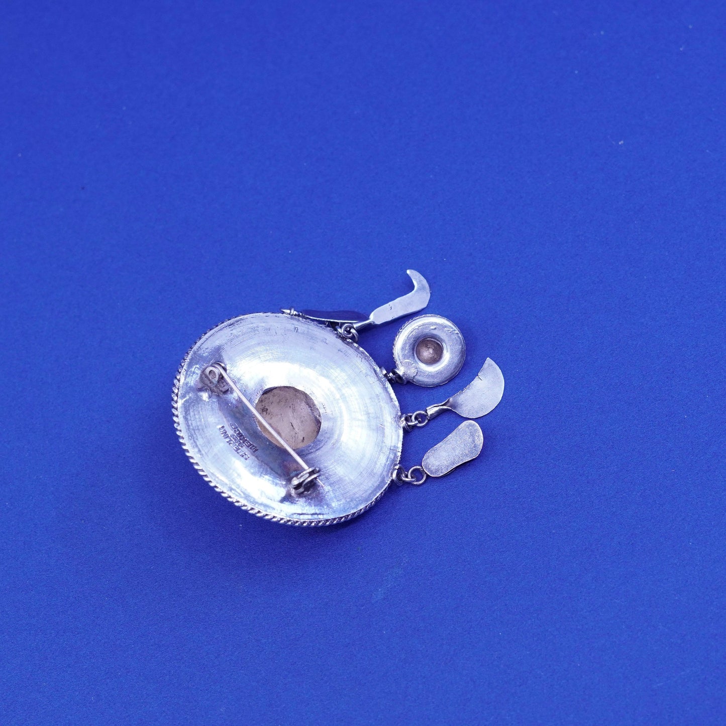 Vintage sterling silver handmade brooch, 925 Mexico Sombrero Hat worn charms
