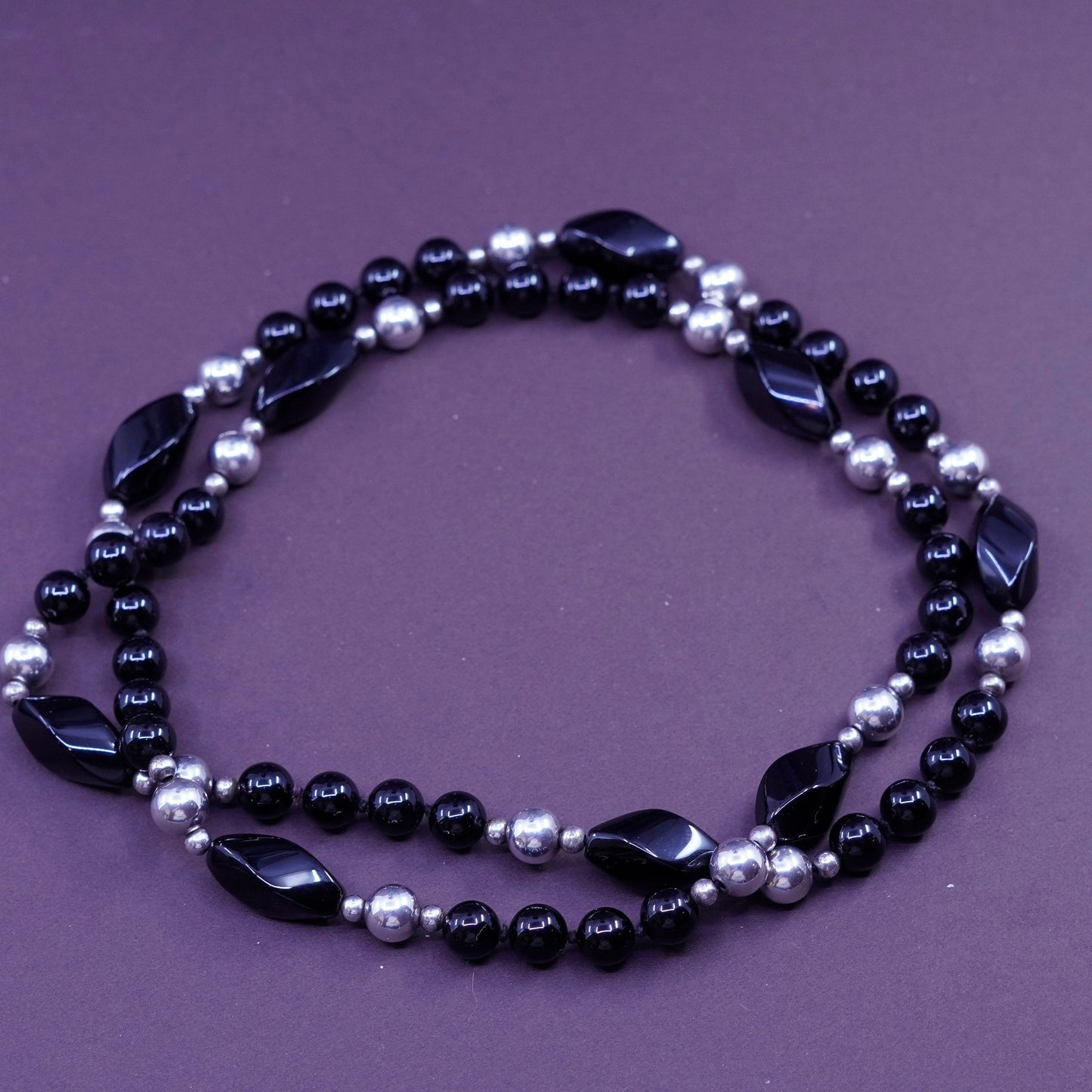 30” vintage sterling 925 silver handmade necklace with obsidian beads