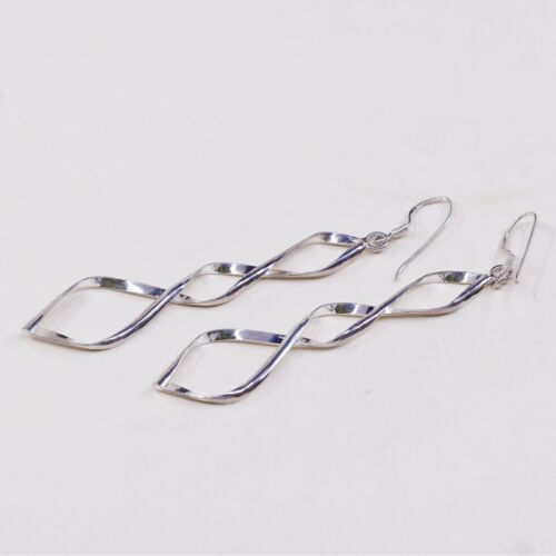 Vtg 925 Sterling Silver Handmade Twisted Dangle Earrings, Stamped 925