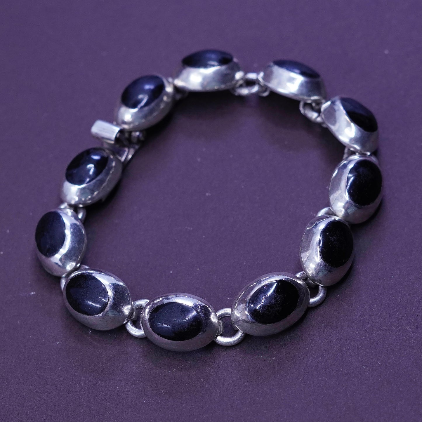 7”, vintage Sterling silver handmade bracelet, Mexico 925 with oval obsidian