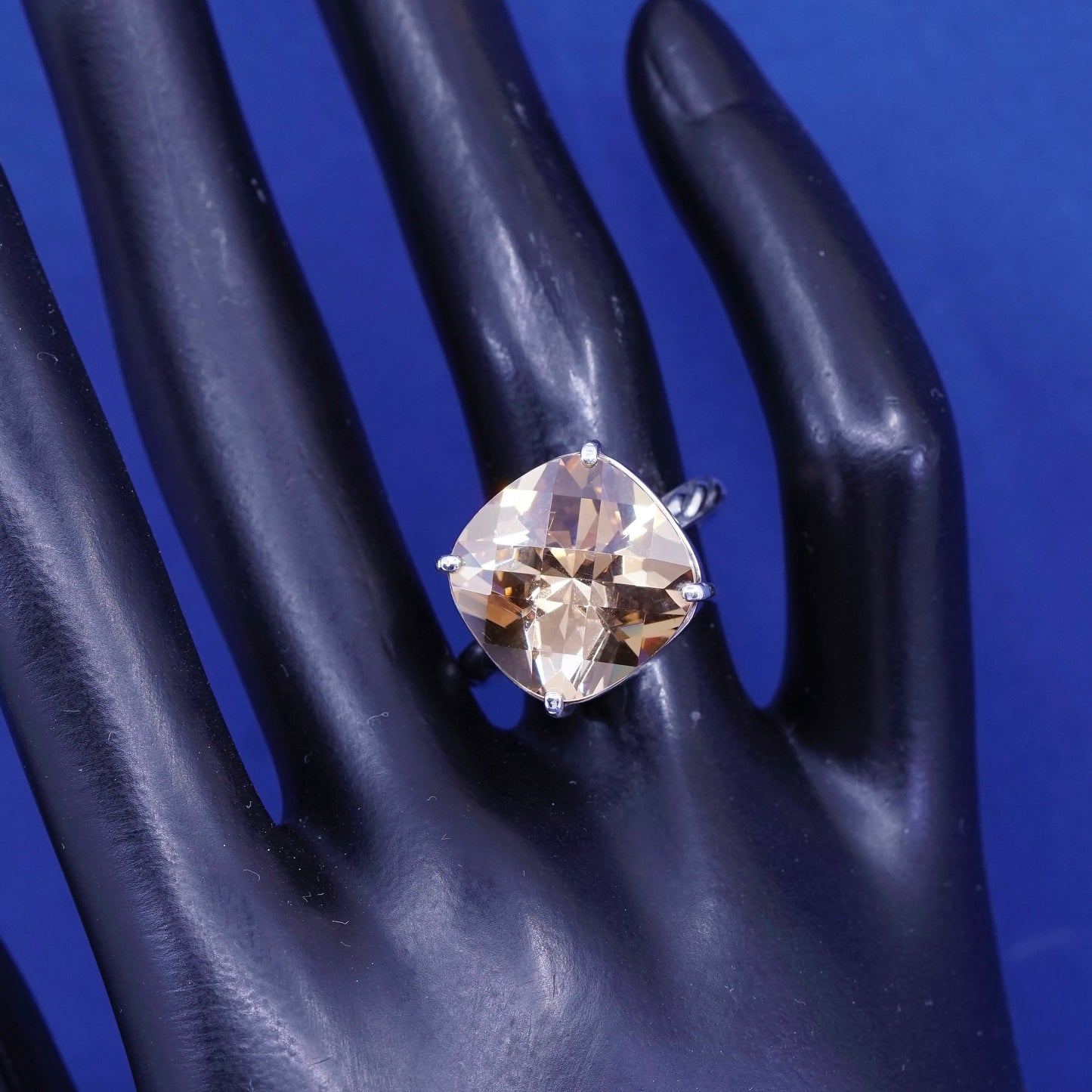 sz 7.75 vtg Sterling silver ring, 925 with cushion cut citrine N clear crystal