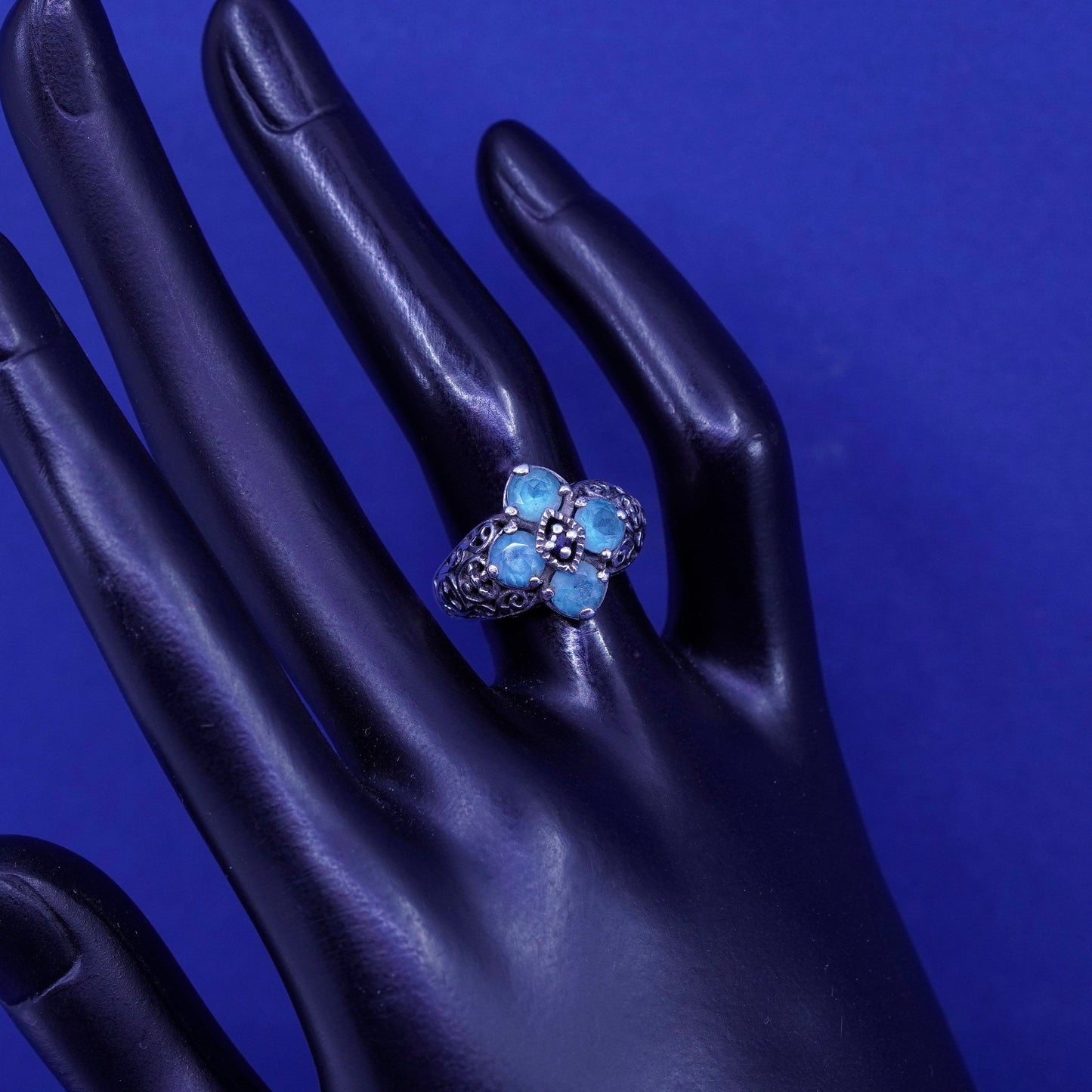 Size 6, vtg Sterling silver engagement ring, 925 filigree band topaz sapphire