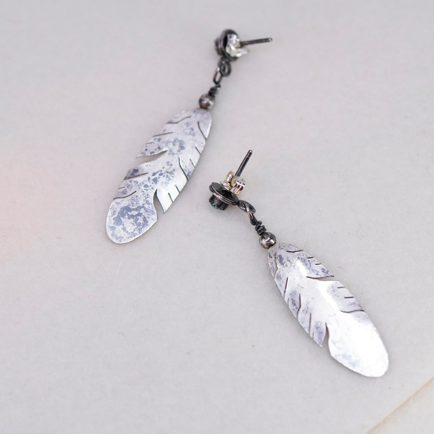 Navajo Native American Sterling 925 silver earrings turquoise feather dangles