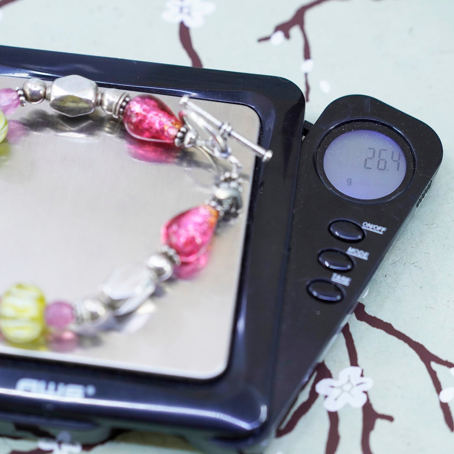 6.5”, vintage 925 Sterling silver bracelet with artisan pink glass beads