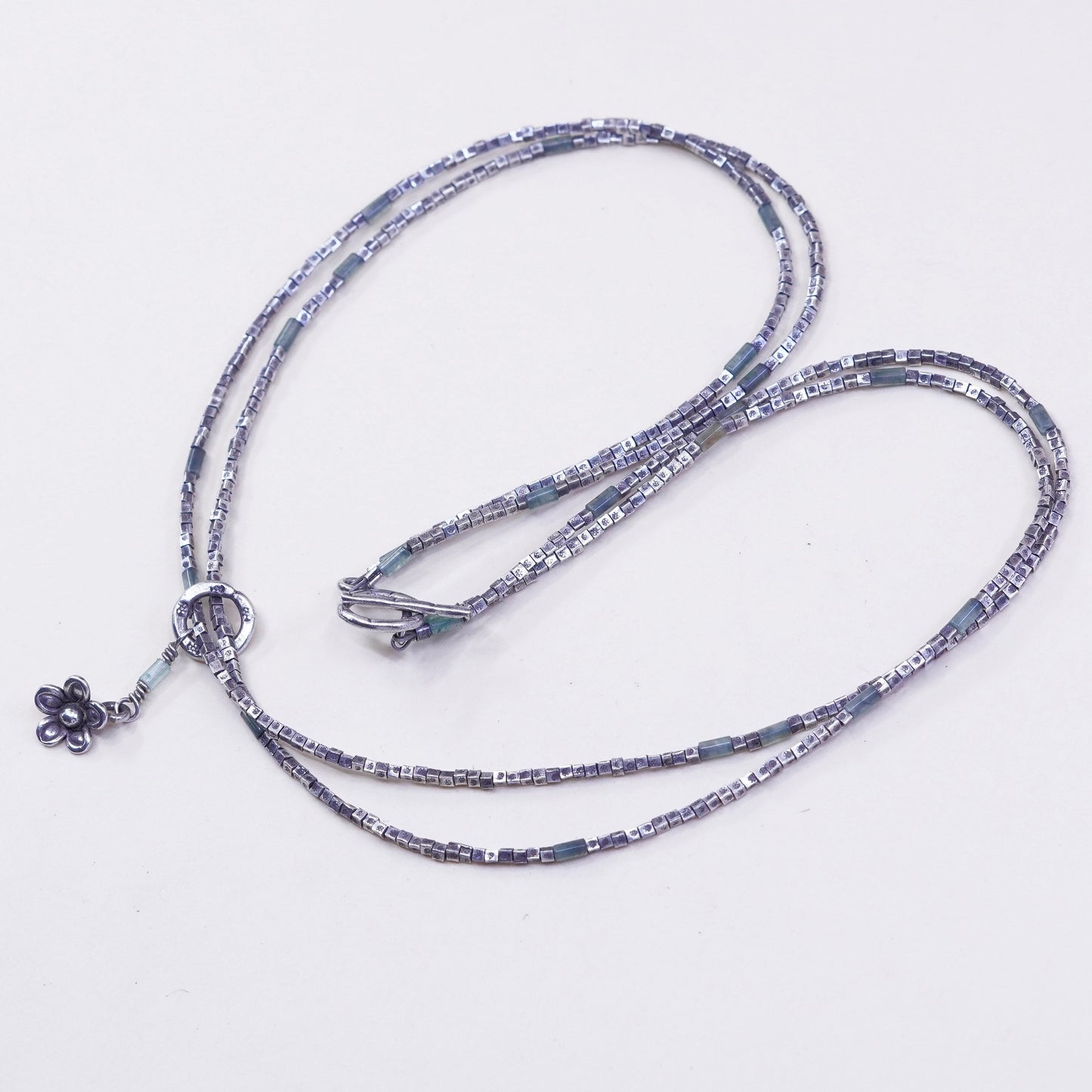18”, Sterling silver double strands necklace 925 nugget chain w/ flower pendant
