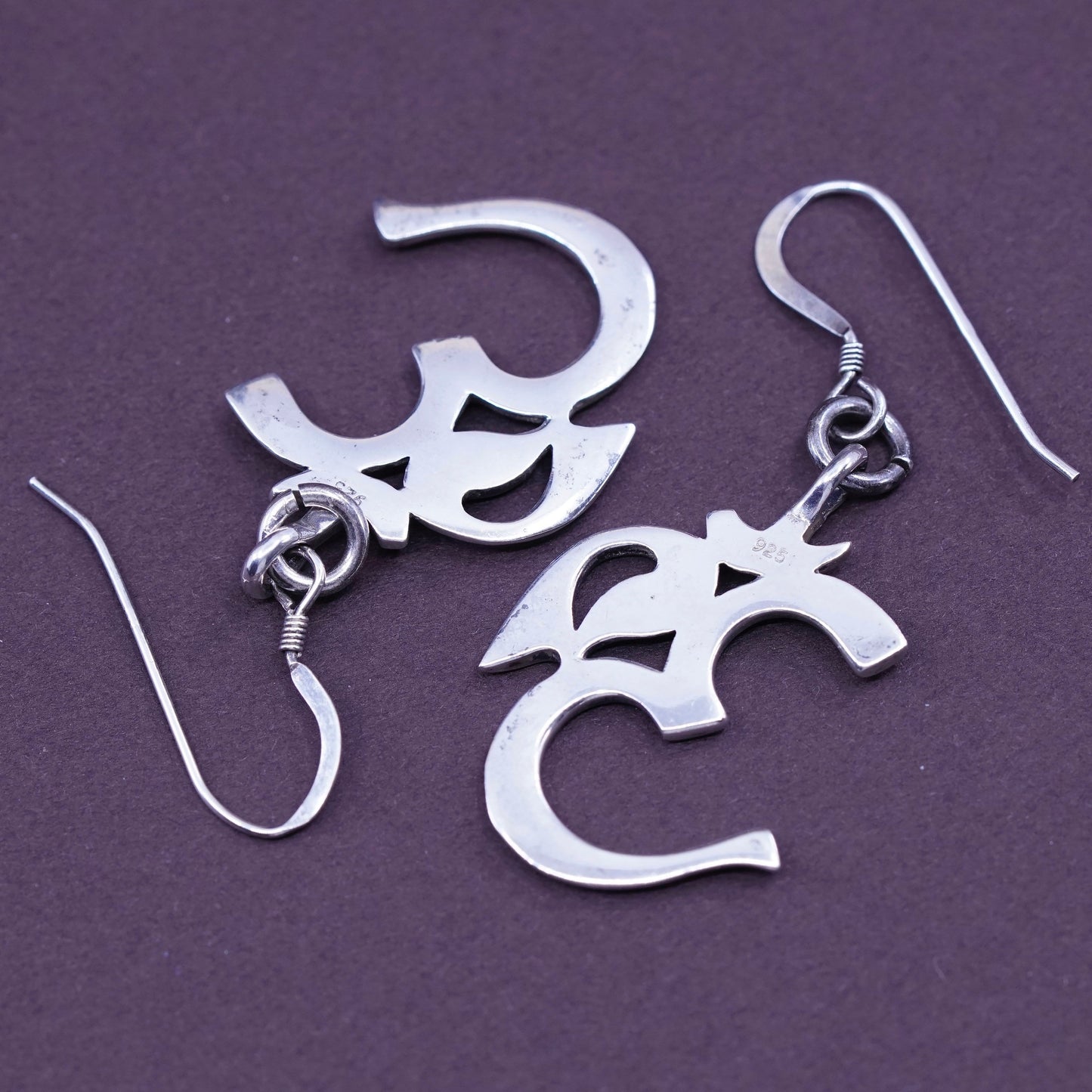 Vintage Om Aum Sterling silver handmade earrings, 925 Hammered 30 dangles