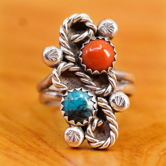 Size 5, vintage southwestern Sterling 925 silver statement ring turquoise coral