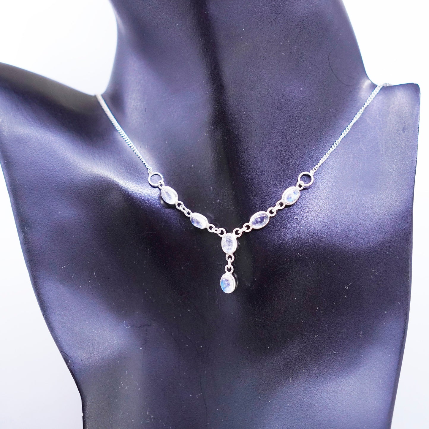 16”, vintage Sterling 925 silver handmade curb necklace with moonstone pendant