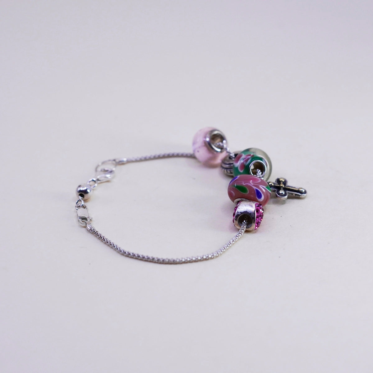 8”, 925 Sterling silver popcorn bracelet artisan floral glass beads cross charm