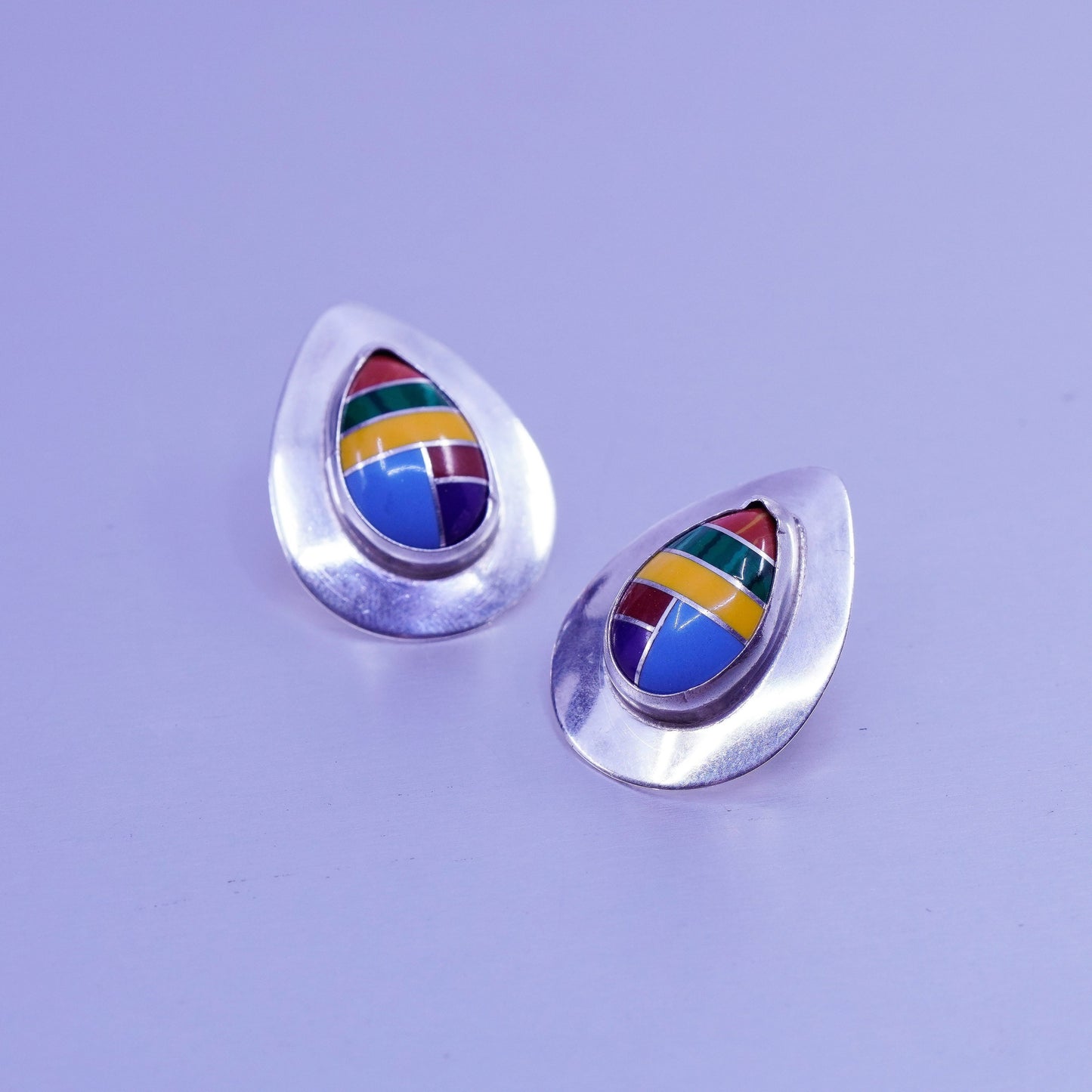 Native American Zuni Sterling 925 silver earrings, teardrop studs w/ turquoise