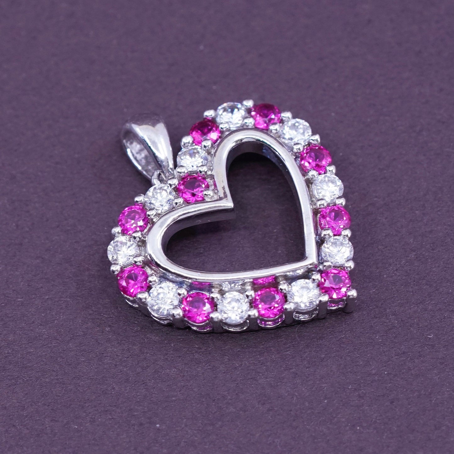 Vintage Sterling 925 silver heart shaped pendant with ruby and crystal