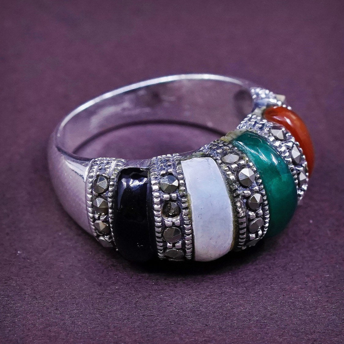 sz 8, Sterling 925 silver handmade ring w/ jade Obsidian Carnelian N Marcasite