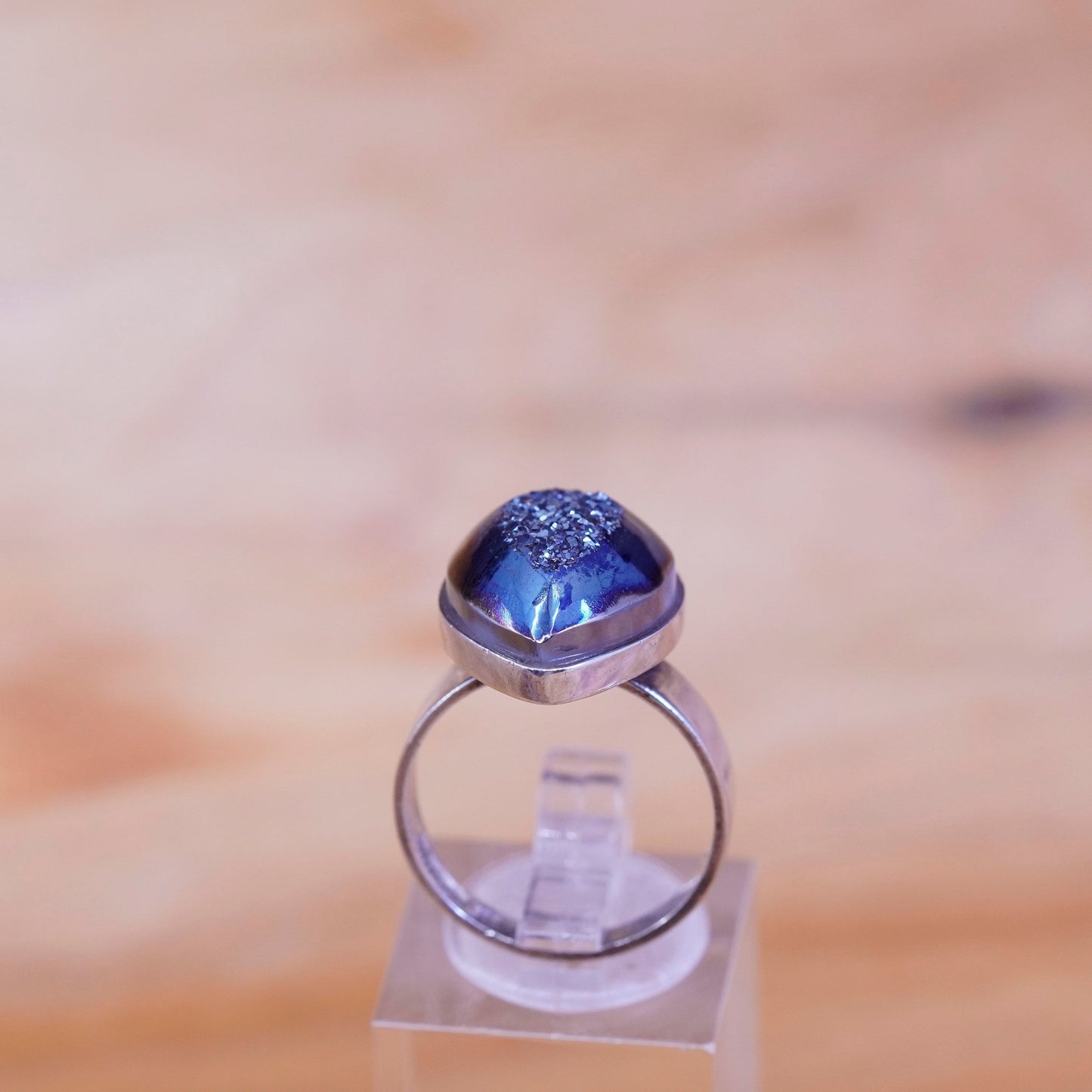 Size 7.25, Sterling 925 silver handmade ring with teardrop metallic druzy stone