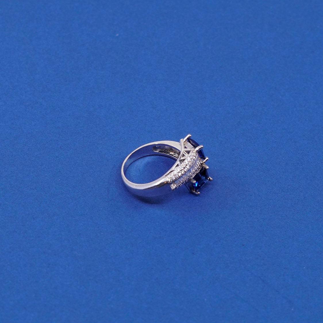 sz 9.25, Sterling 925 silver handmade ring w/ sapphire cluster cocktail ring