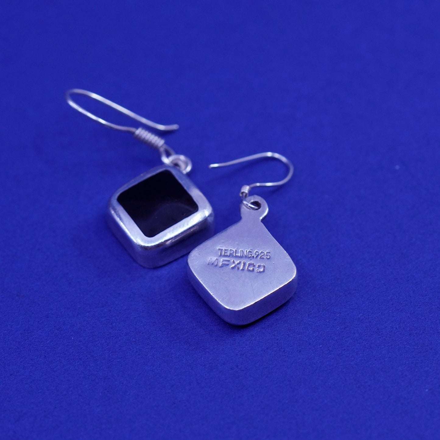 Vintage Sterling silver handmade Square earrings with obsidian