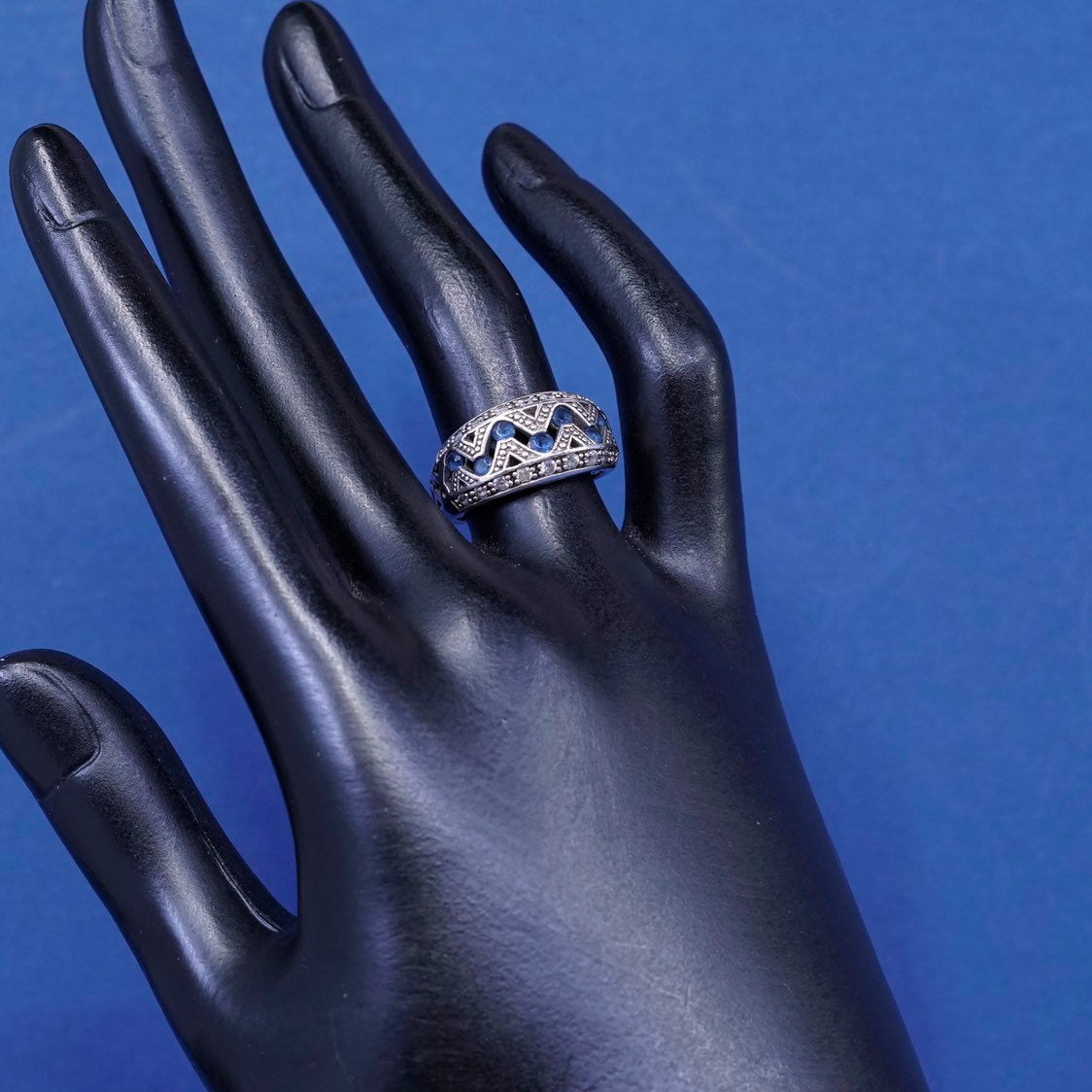 Size 6.25, vtg KL sterling silver ring, 925 w/ sapphire N crystal