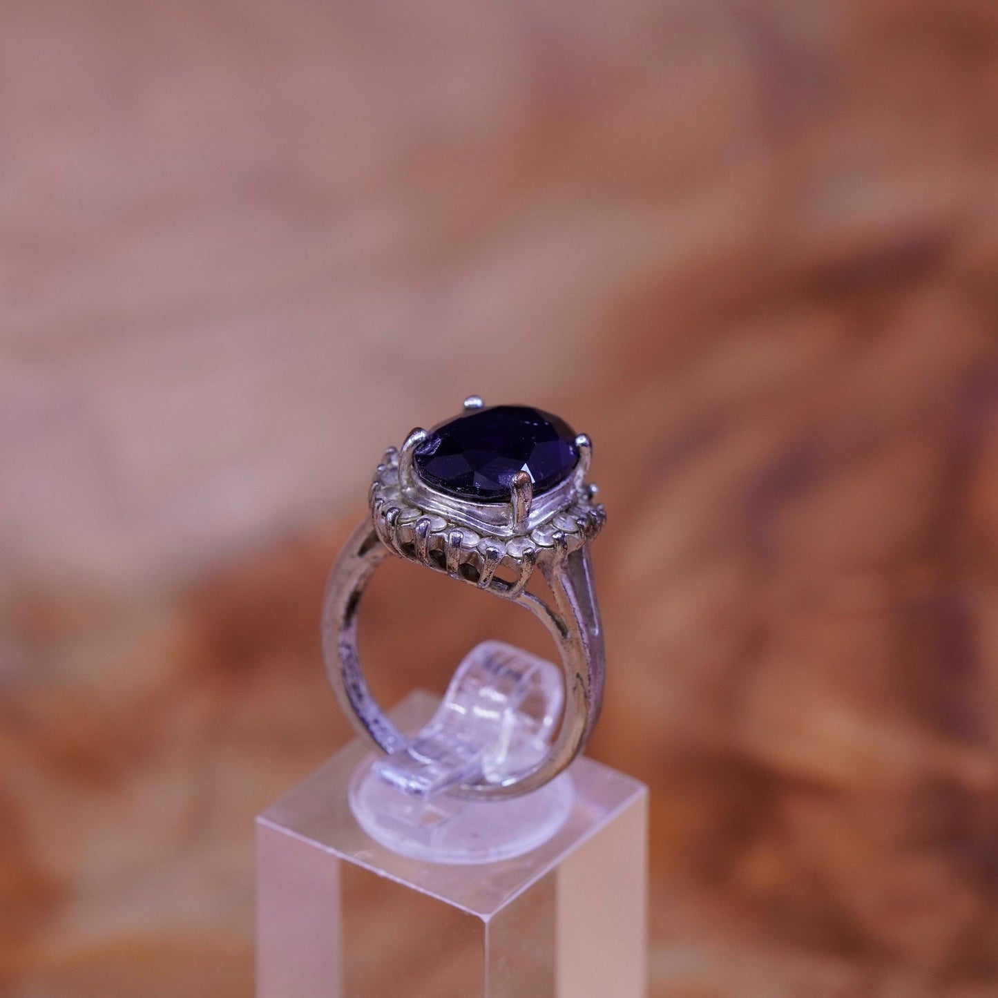Size 7, vintage Sterling silver handmade ring, 925 with crystal and sapphire