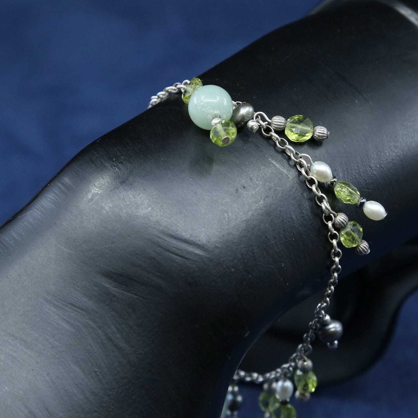 6.5”, sterling silver handmade bracelet 925 circle chain w/ crystal jade charms