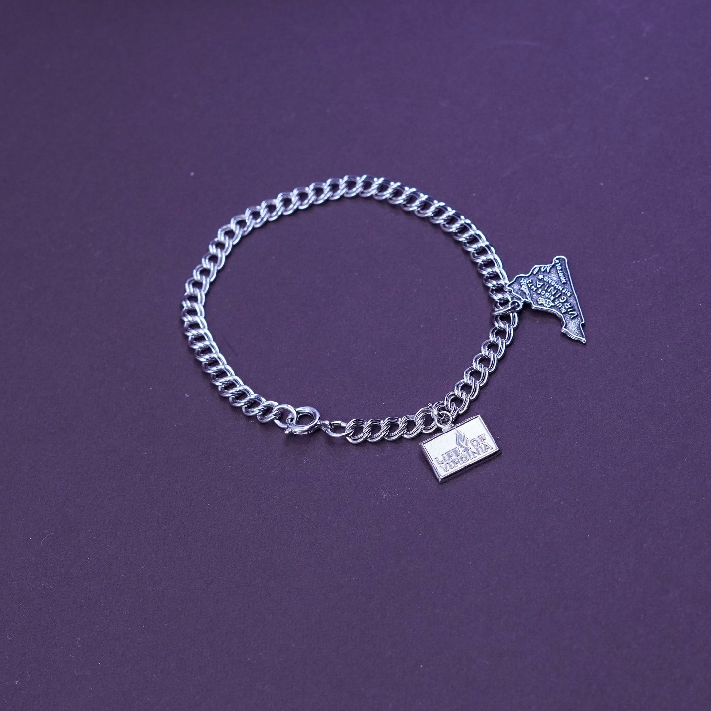 7.25”, vtg Sterling silver double curb chain, 925 bracelet w/ Virginia charms