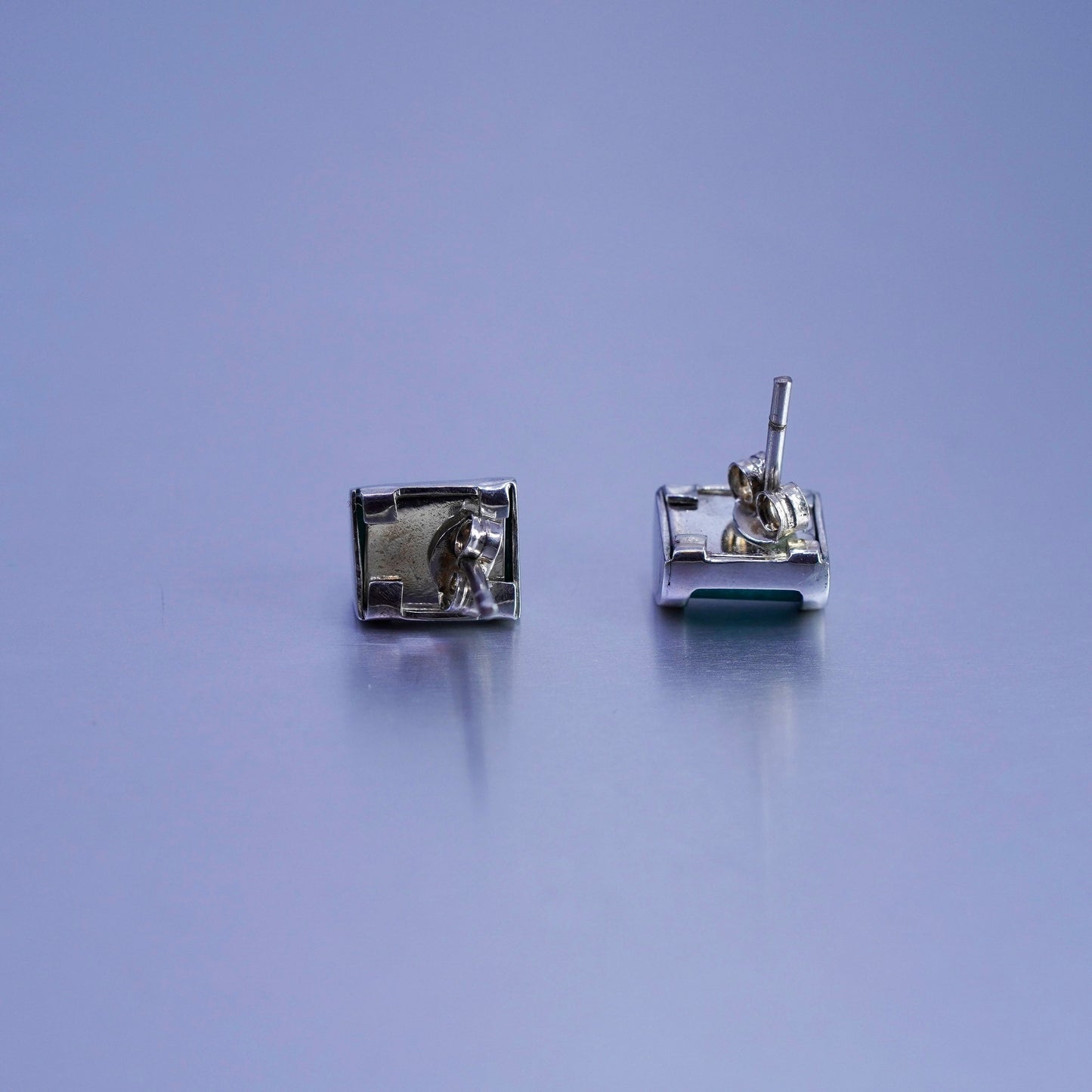 Vintage Sterling 925 silver earrings, square studs with jade
