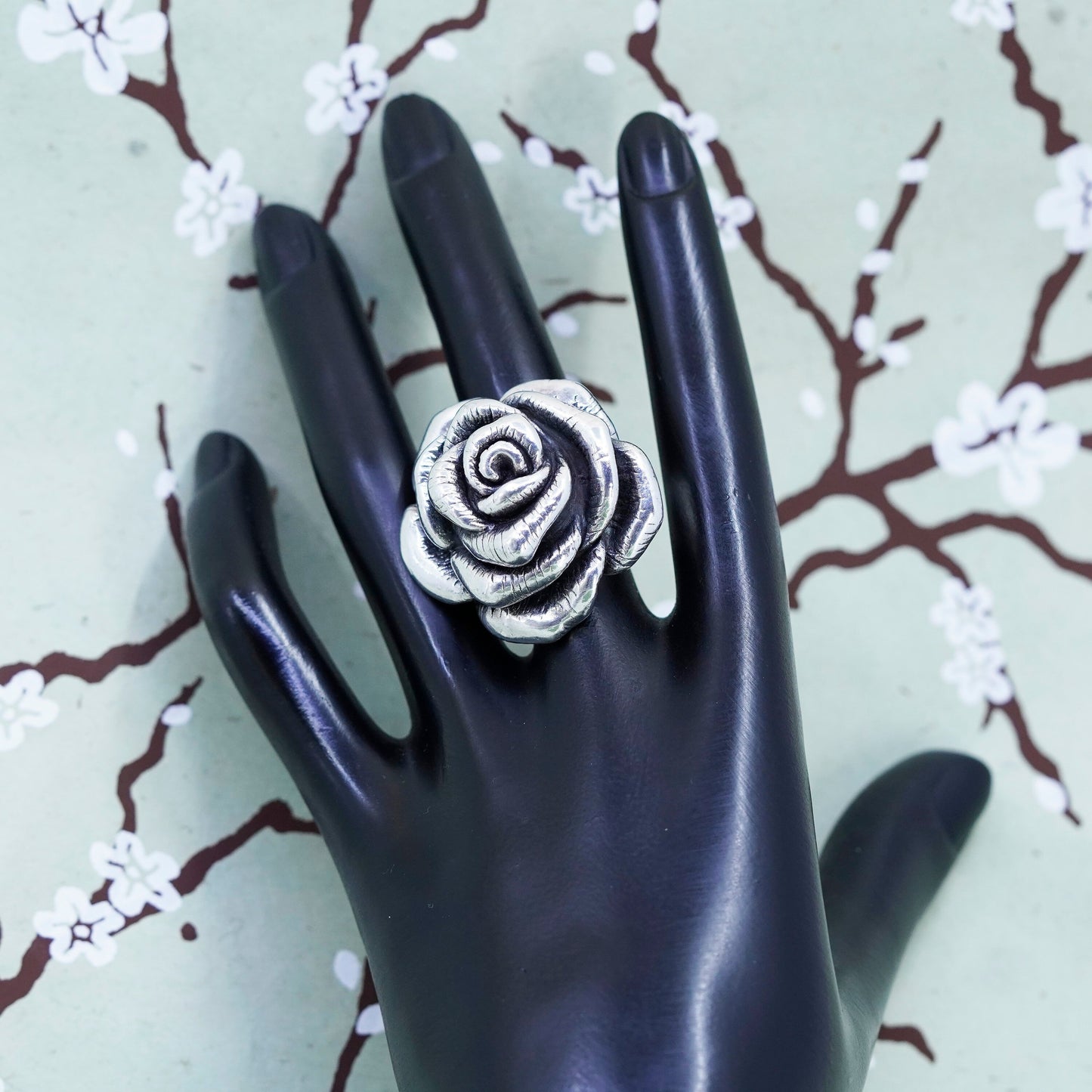 Size 7, Sterling silver handmade ring, huge statement puffy 925 silver rose