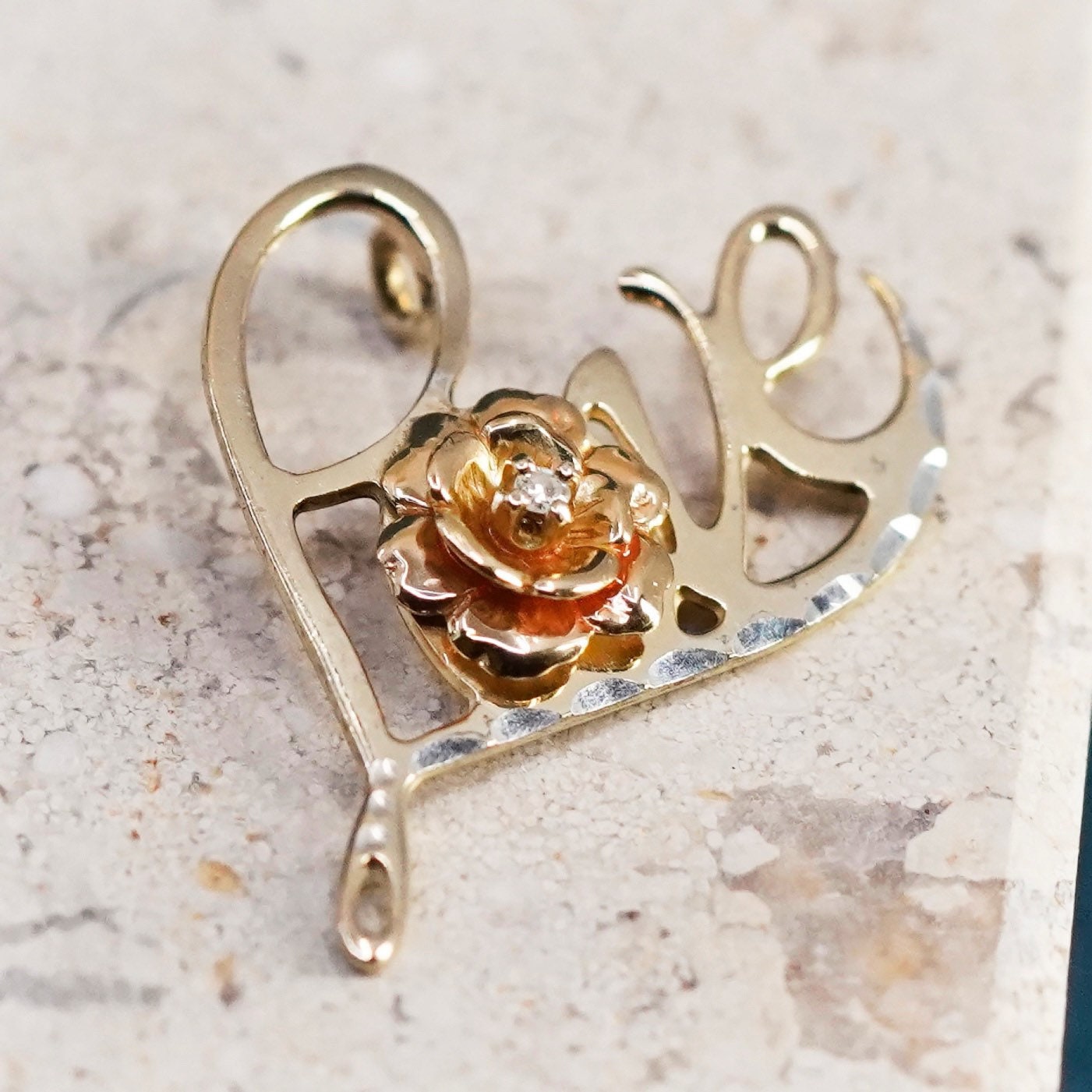 vermeil gold over Sterling silver handmade pedant, 925 love with flower diamond