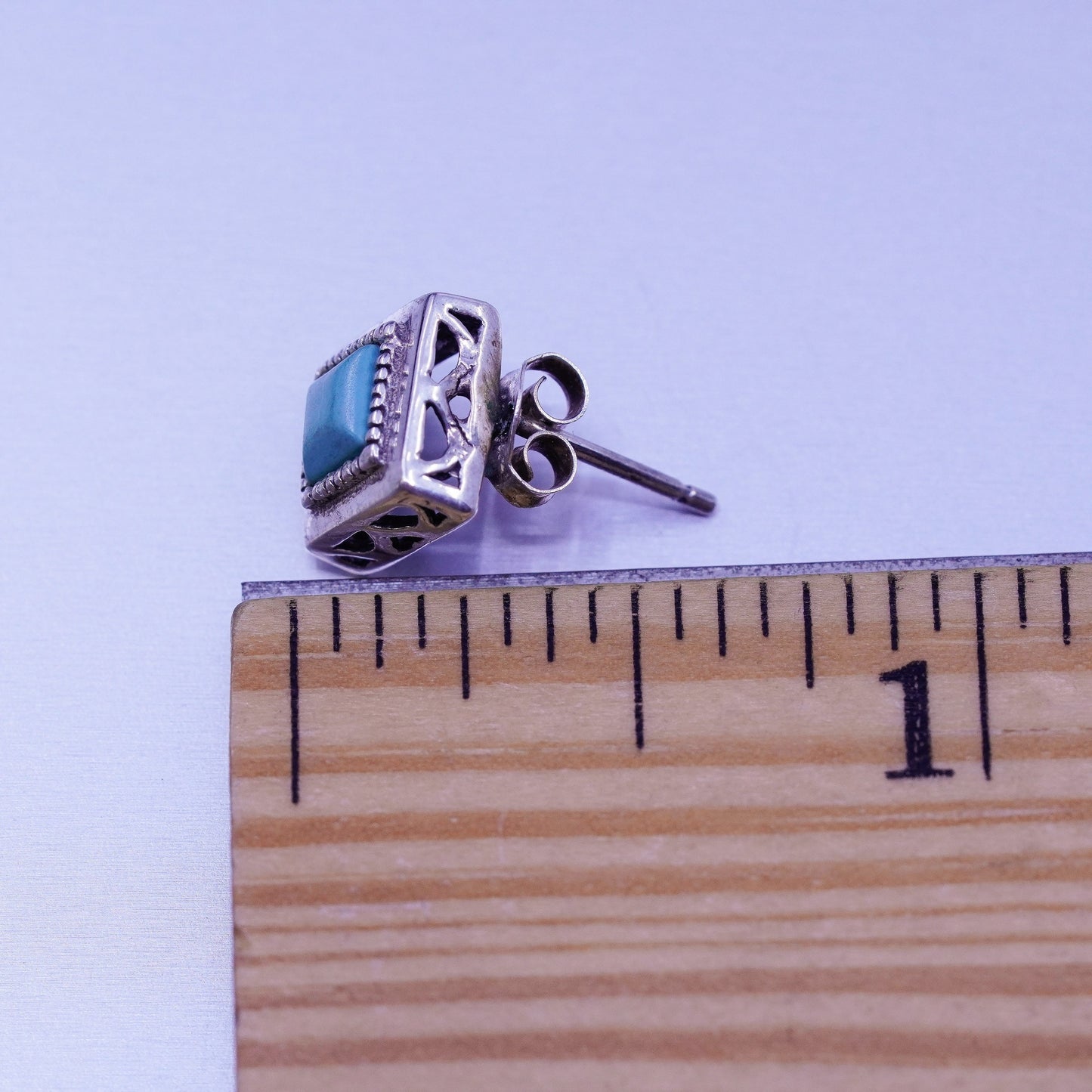 Vintage Sterling 925 silver handmade earrings, square studs with turquoise