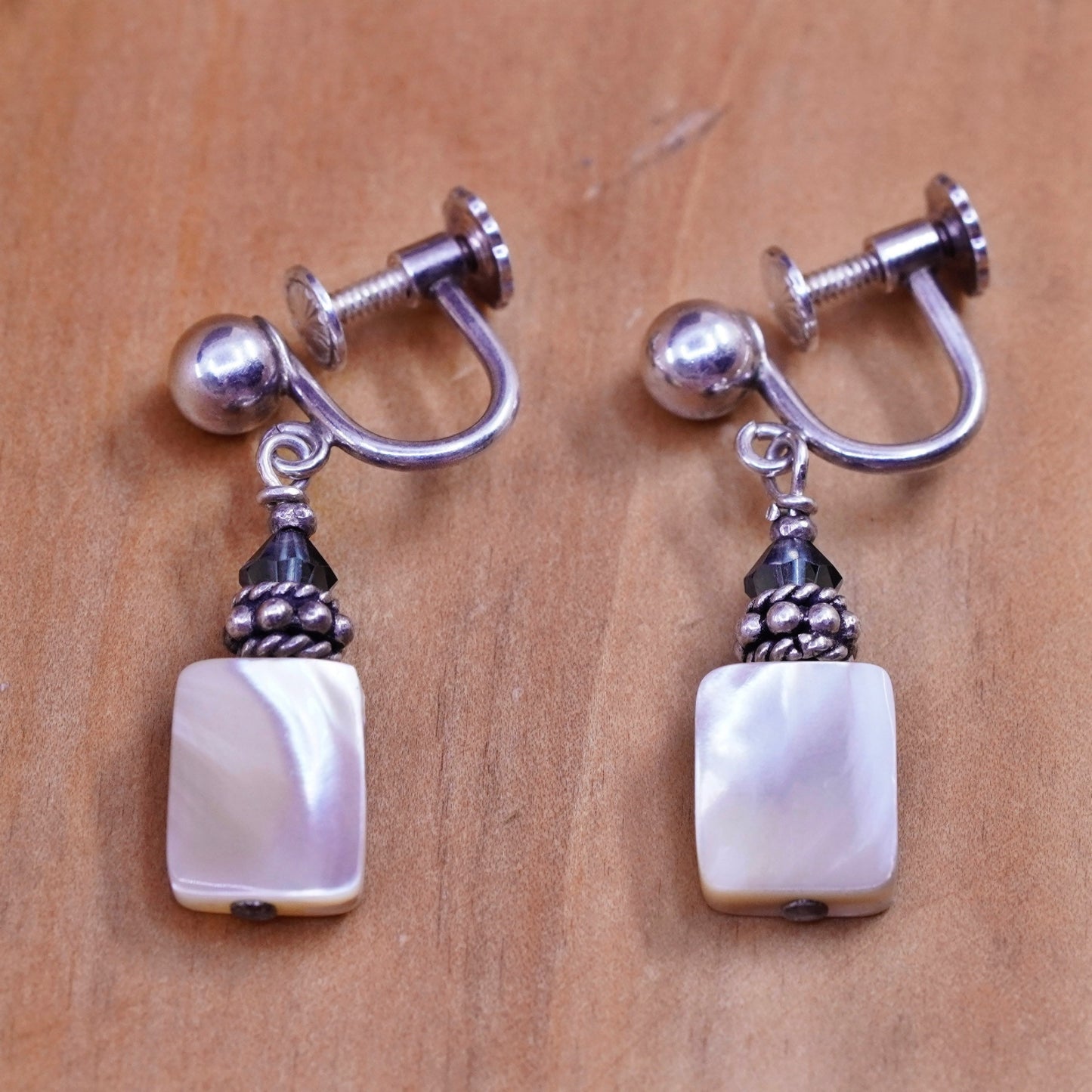 Sterling silver screw back handmade earrings, 925 dangles with mother of pearl