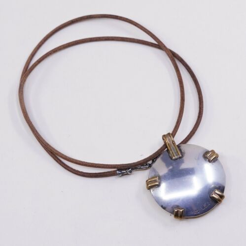 18”, Vtg USA Sterling 925 Silver Brass Disc Pendant W/ BROWN Leather Necklace