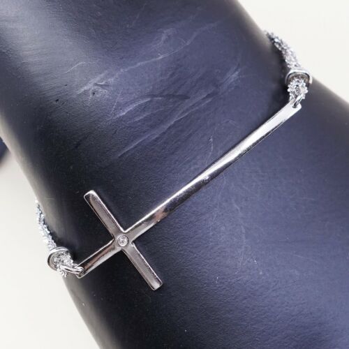 6.5”+1”, Vtg dyadema Sterling Silver Bracelet, 925 Fancy Chain W/ Cross N Cz