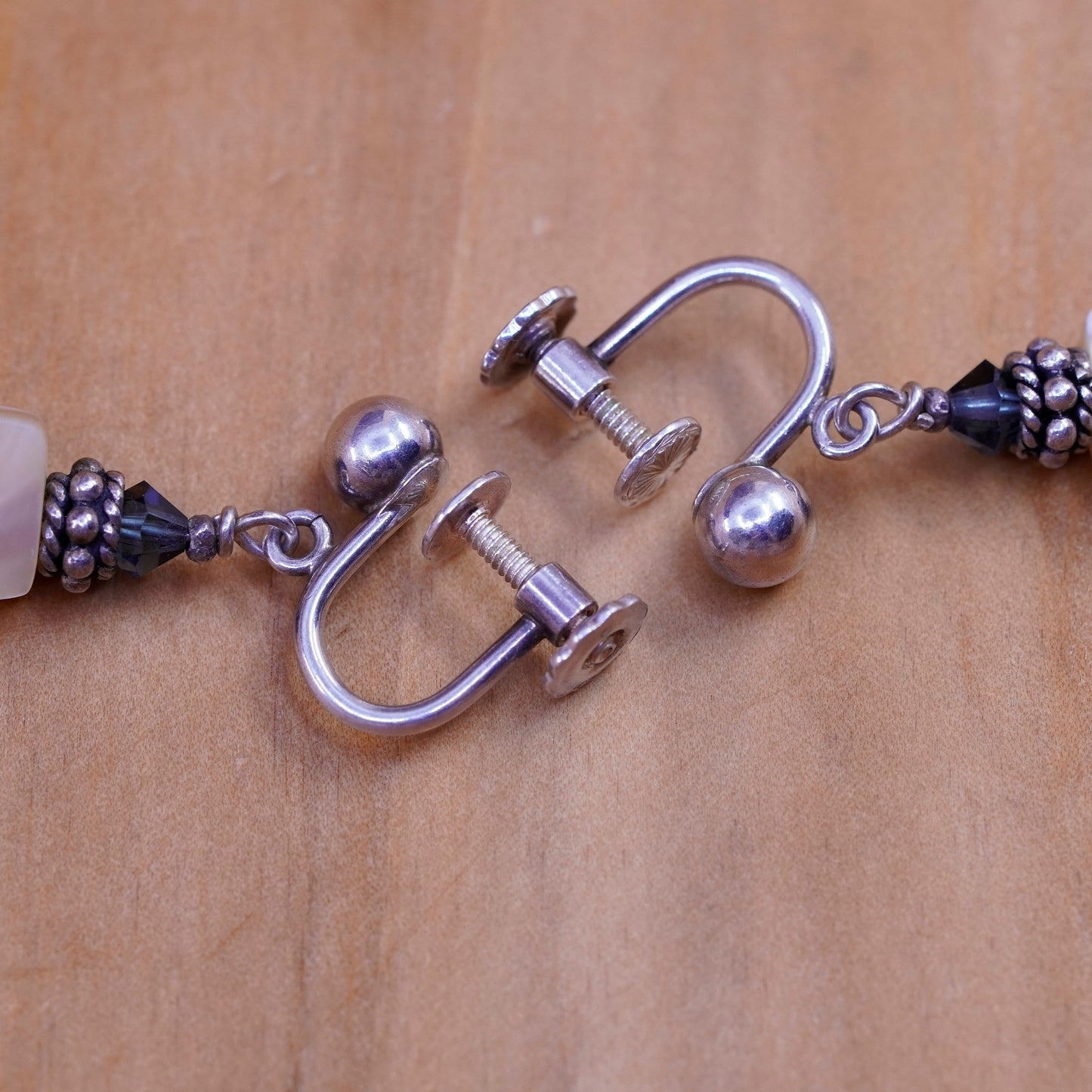Sterling silver screw back handmade earrings, 925 dangles with mother of pearl